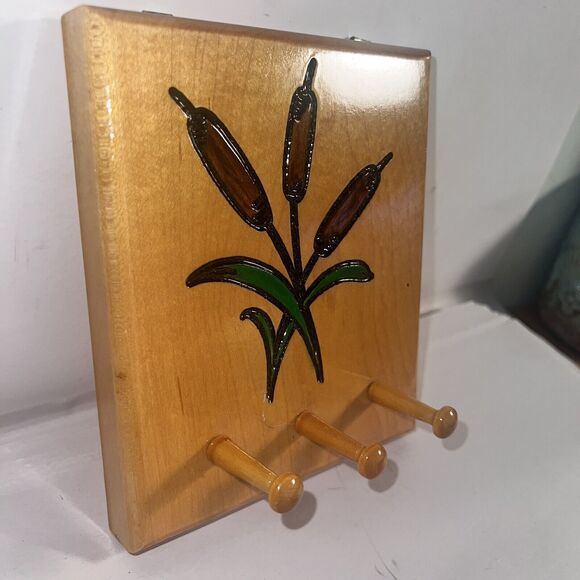 Wood Key Holder Cattails Entryway Wooden Pegs - Picture 3 of 10